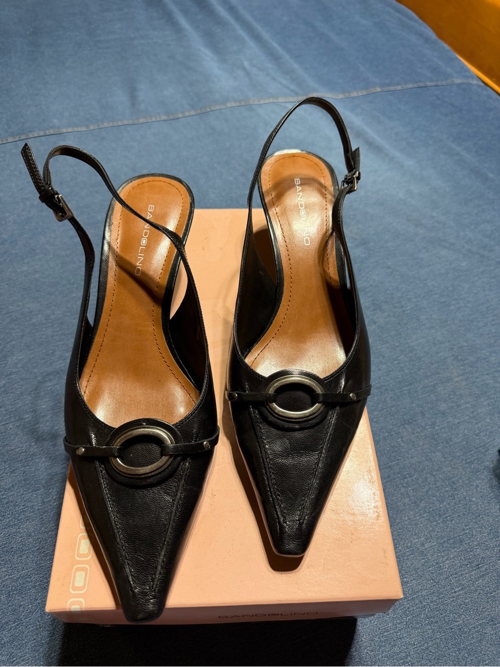 Bandolino Black Pointed Slingback Mules with Ring Detail